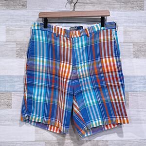 POLO Ralph Lauren Madras Plaid Chino Shorts Blue Orange 9" Flat Front Mens 34